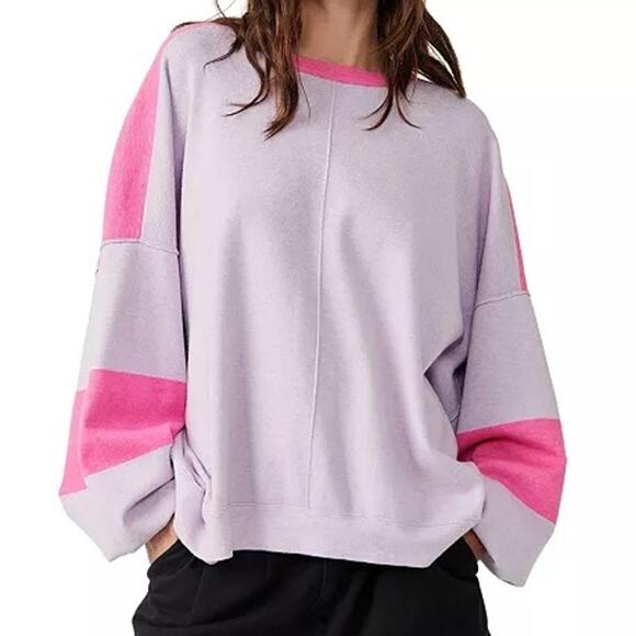 Free People Lavender Uptown Colorblock Drapey Oversized Pullover Sweater Top XS - Picture 1 of 9